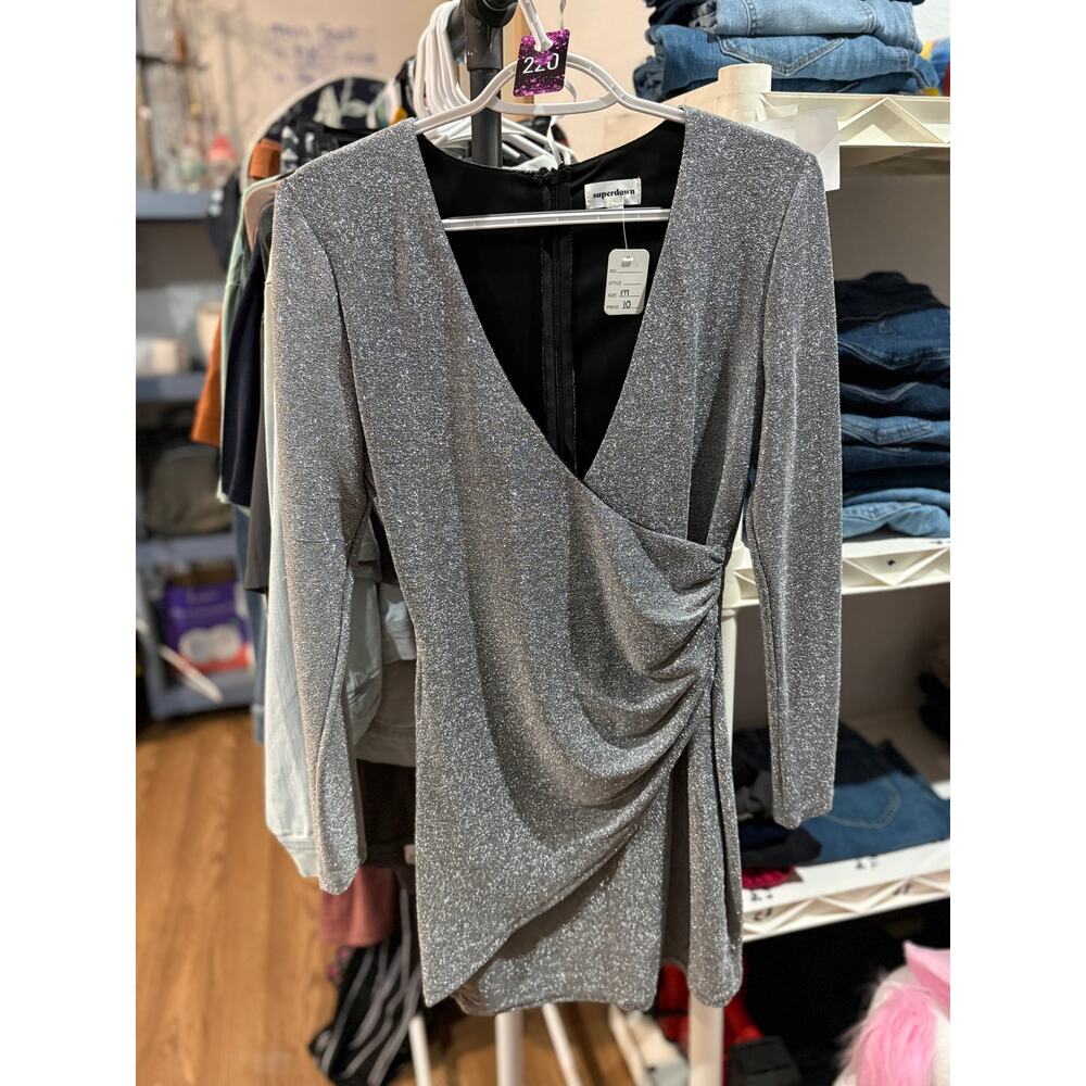 Superdown Silver Metallic Bodycon Dress Medium Ruched Sparkly Party Dress